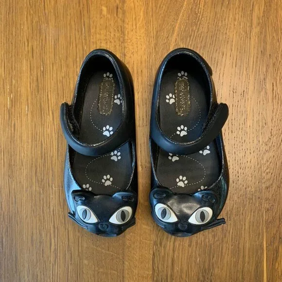 MINI MELISSA Black Cat Shoes Girls 7 Mary Jane Glitter Cats Toddler Girl Shoe - Picture 6 of 6